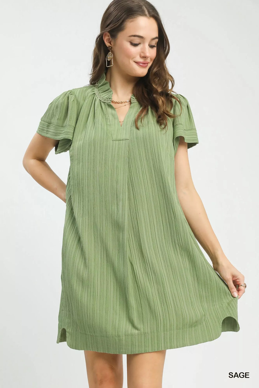 Sage Umgee Flutter Sleeve V Neck Shift Dress