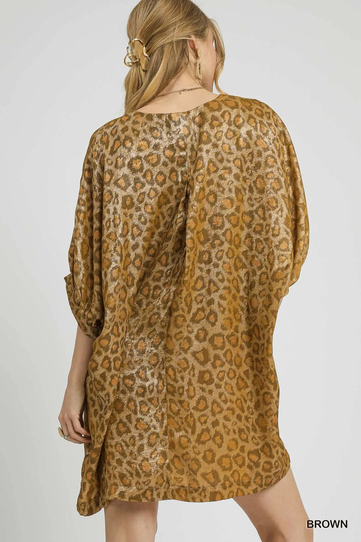 Brown Umgee Metallic Leopard Print V Neck Kimono Dress