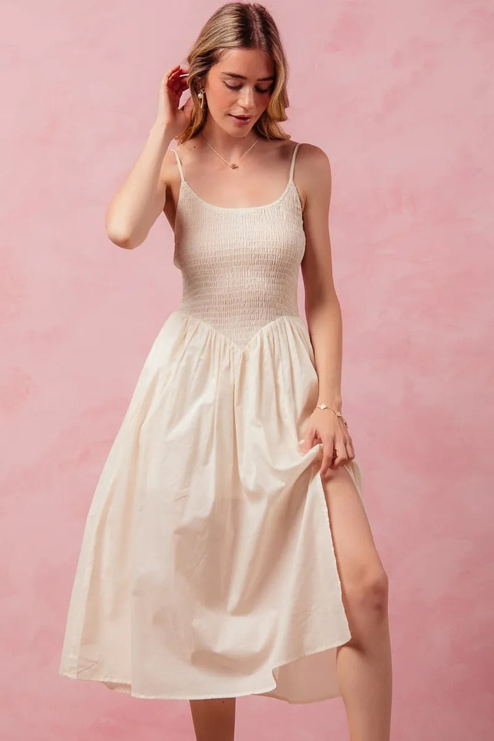 Cream So Me Smocked Sleeveless Casual Everyday Dress With Slit 1