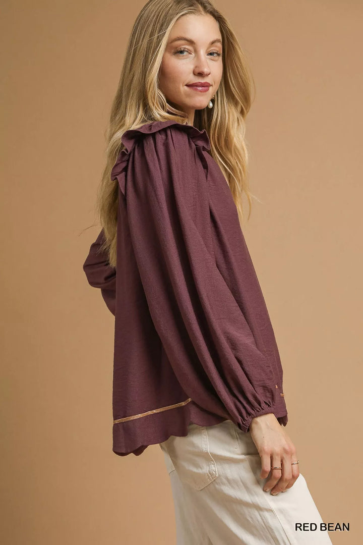 Red Bean Umgee Ruffle Shoulder Long Sleeve Blouse