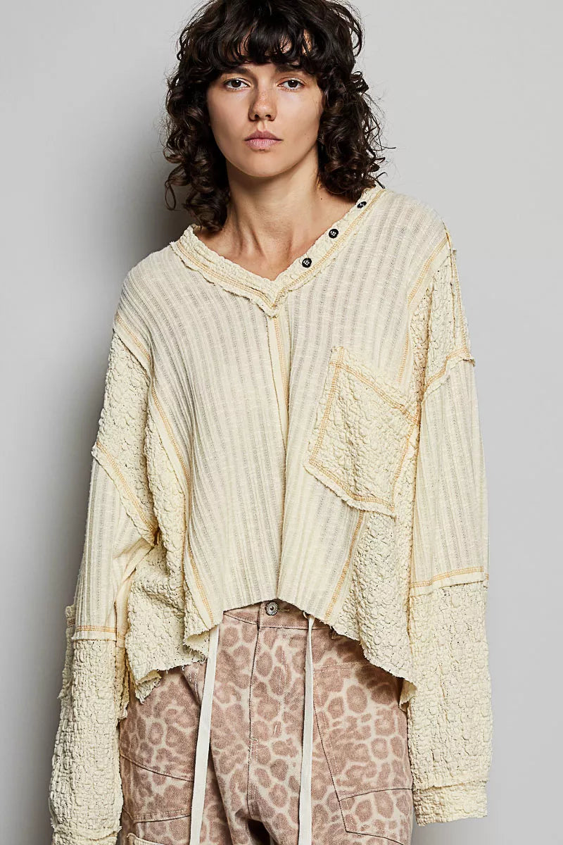 Natural Pol V Neck Long Sleeve Top With Stitch Detail 1
