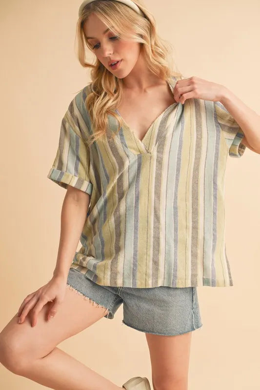 Aemi Co Side Slit Striped Short Sleeve Blouse