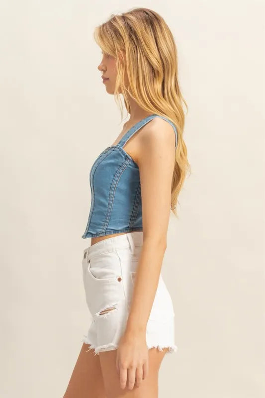 Light Hyfve Washed Sweetheart Neck Wide Strap Denim Tank