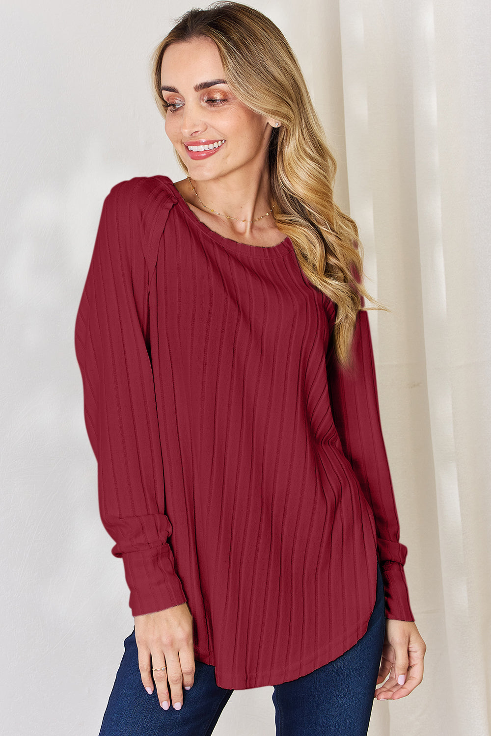 Green Basic Bae Full Size Ribbed Round Neck Slit T Shirt