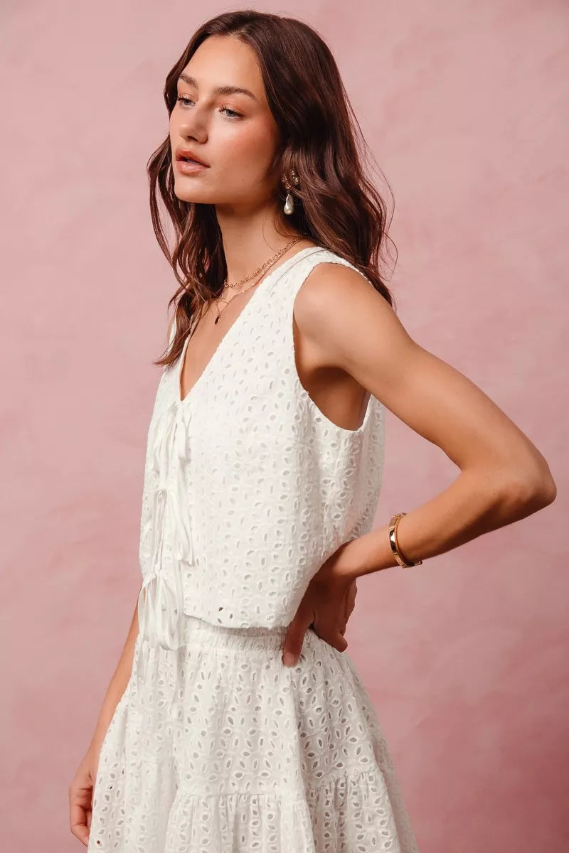 Off White So Me Floral Eyelet Lace Tie Front Vest Top And Tiered Mini Skirt Set