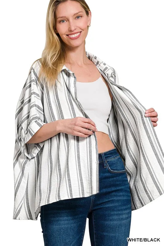 White/Black Zenana Woven Yarn Dye Stripe Oversized Button Down Shirt 1