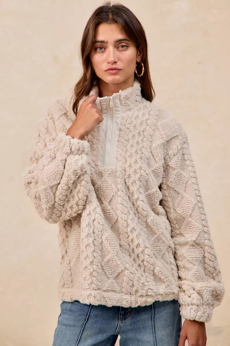 Eggshell Bibi Patterned Soft Fleece Half Zip Up Top