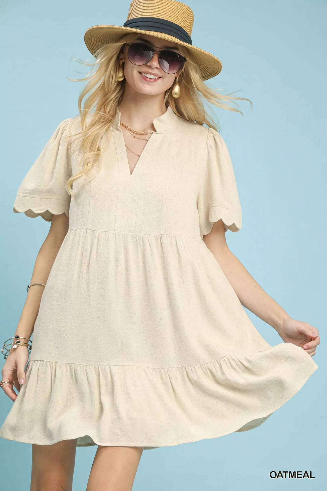 Oatmeal Umgee Linen Tiered Babydoll Dress With Scalloped Sleeves 2