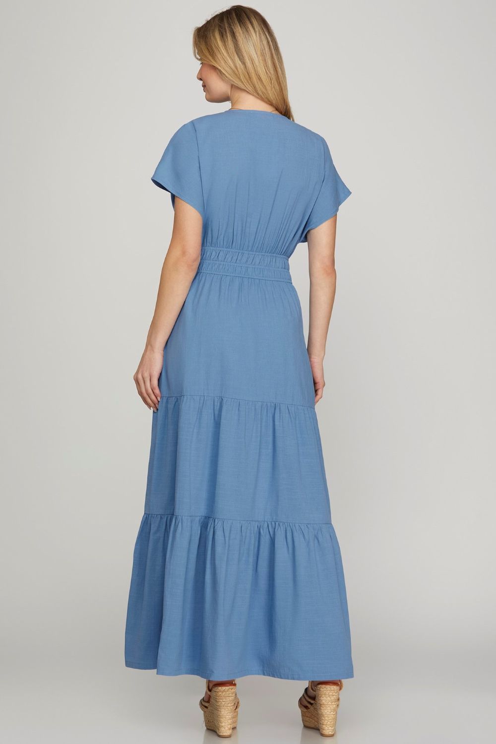 Cerulean She Sky Surplice Short Sleeve Tiered Maxi Dress With Pockets