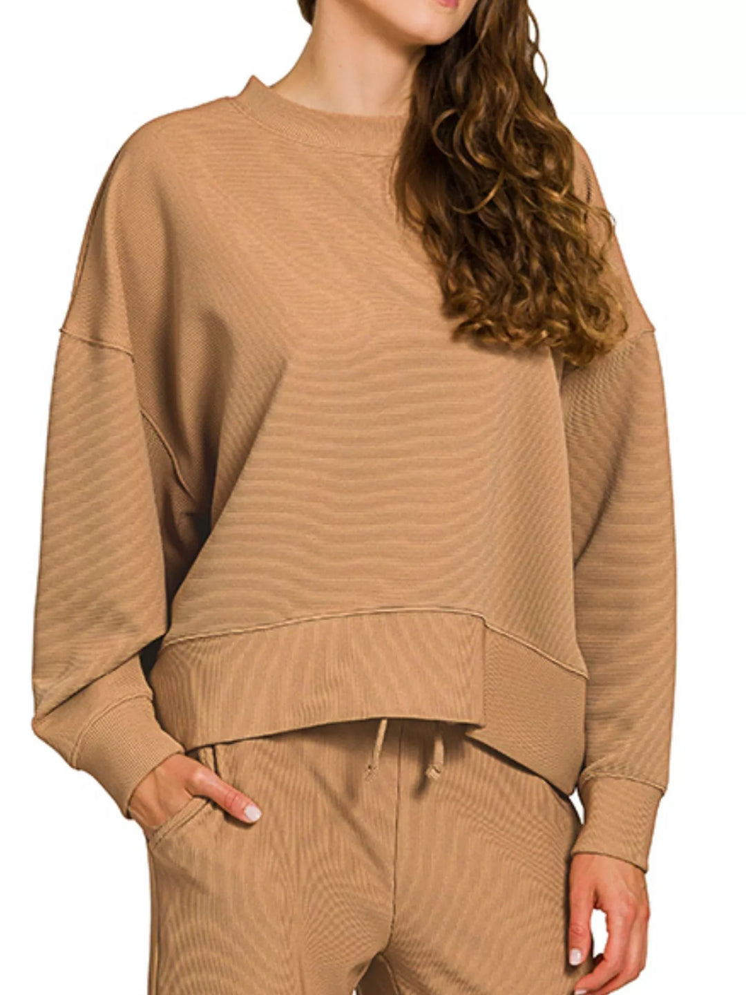 Deep Camel Zenana Ribbed Round Neck Pullover And Drawstring Pants Set 2
