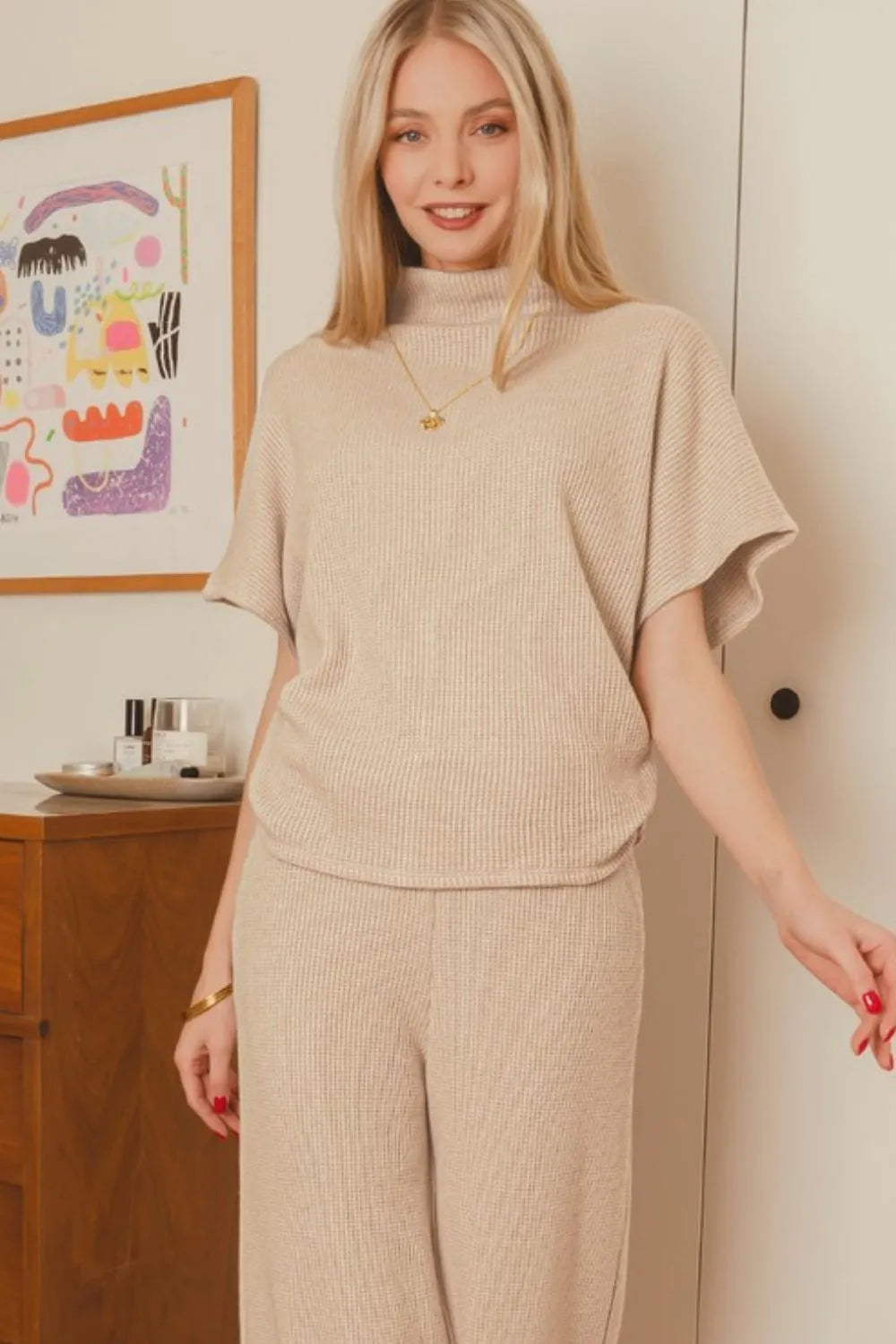 Lt Mocha Zenana Sweater Mock Neck Top Long Pants Set 1