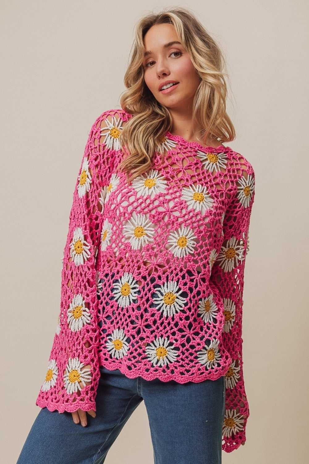 Fuchsia Bibi Floral Crochet Net Lace Cover Up
