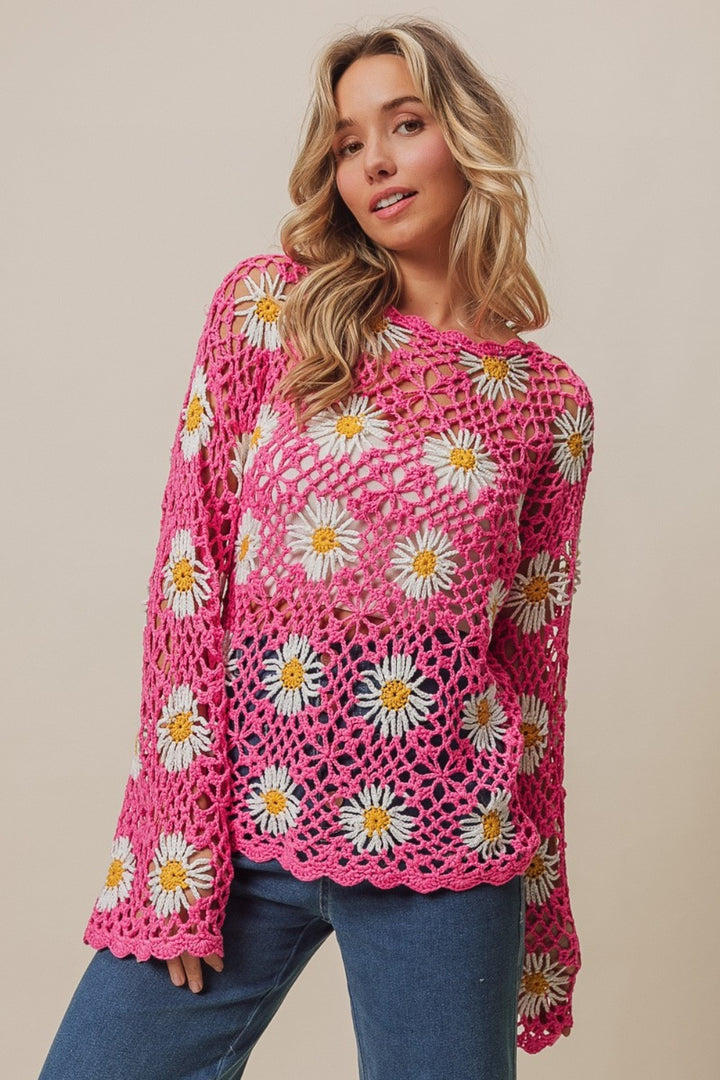 Fuchsia Bibi Floral Crochet Net Lace Cover Up