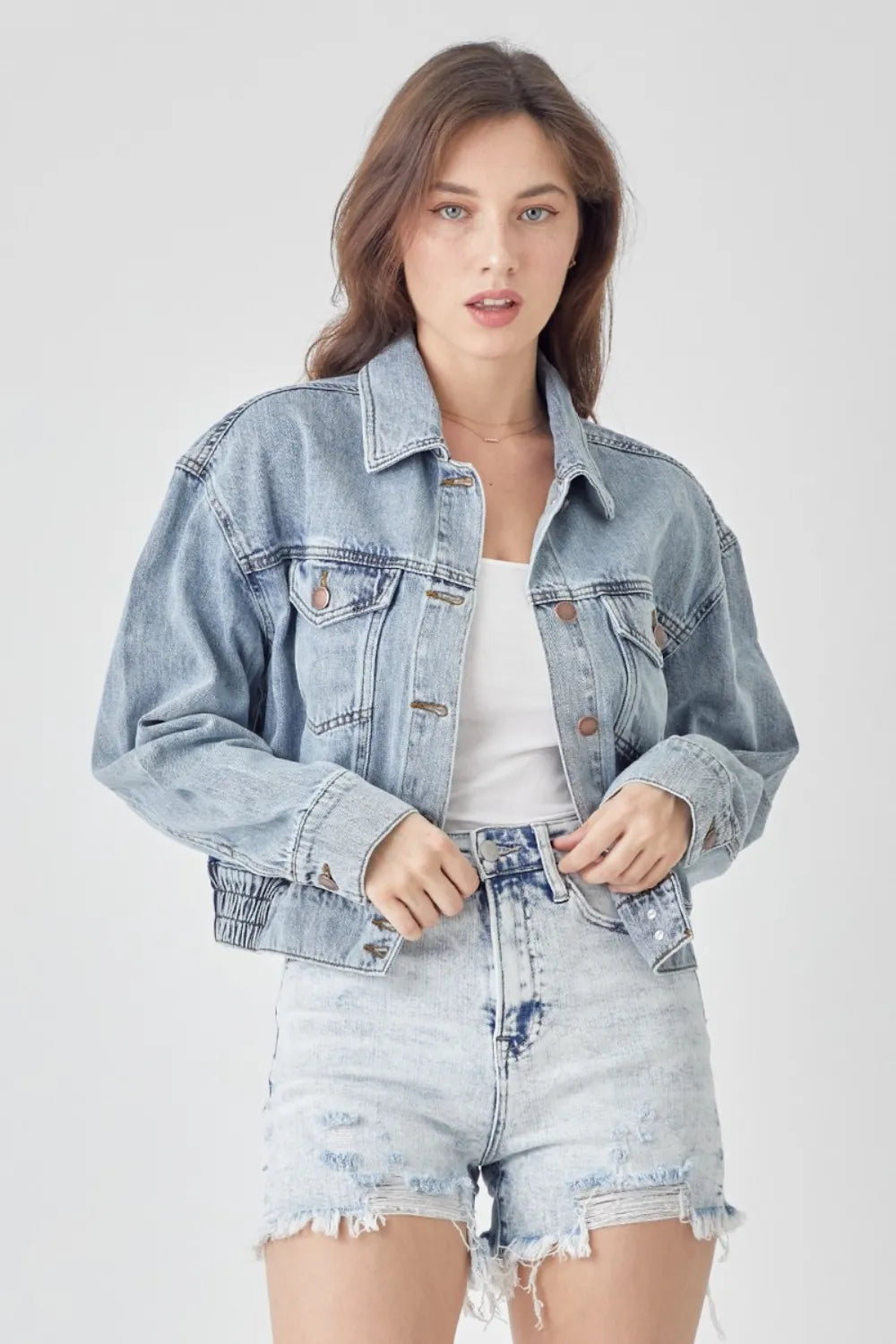 Light Risen Full Size Button Down Cropped Denim Jacket