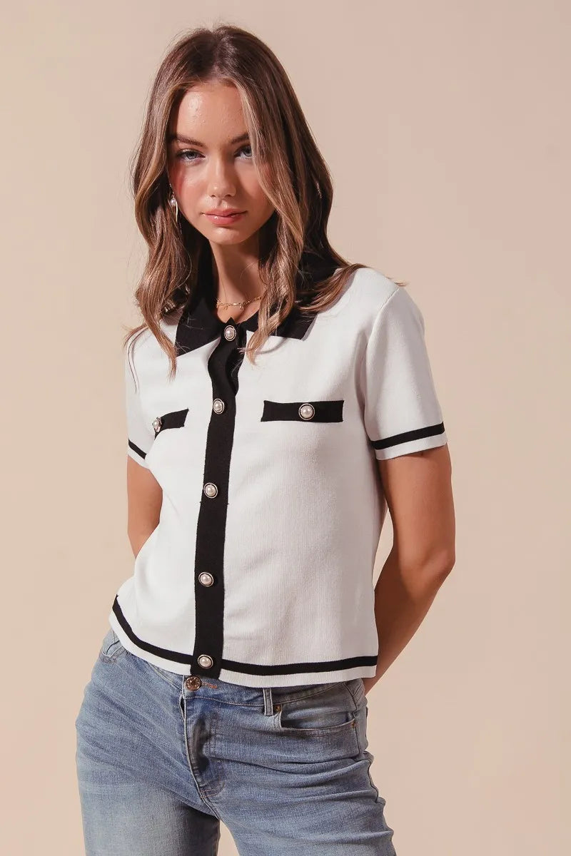 Ivory/Black So Me Button Down Knitted Sweater Shirt Top