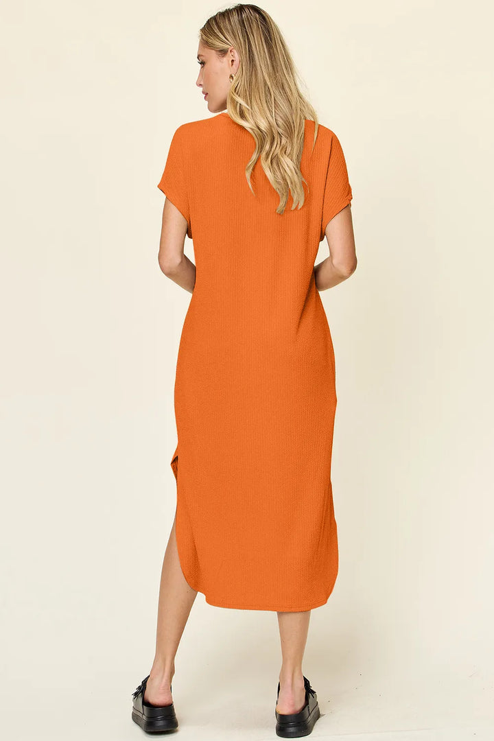 Tangerine Double Take Full Size Round Neck Short Sleeve Slit Dress