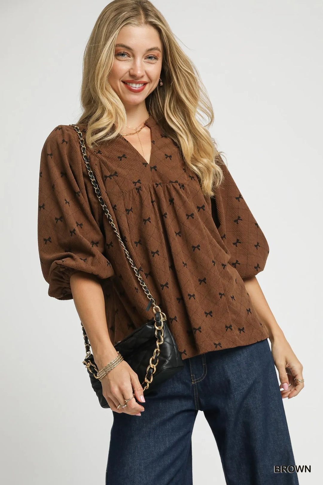 Brown Umgee Corduroy Bow Print Balloon Sleeve Blouse