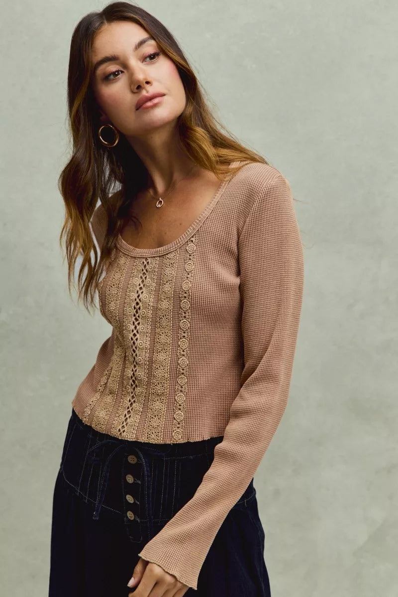 So Me Vintage Washed Lace Crop Thermal Washed Knit Top