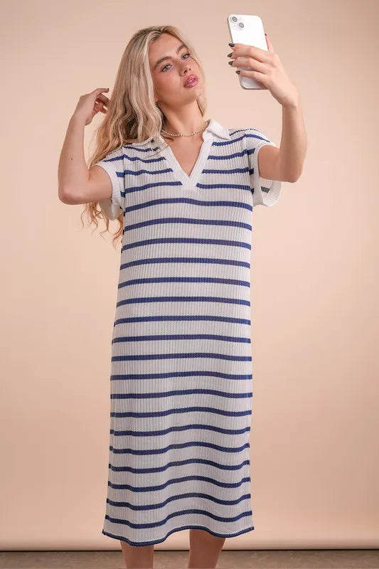 White/Navy Very J Oversized Collared Striped Knit Midi Dress