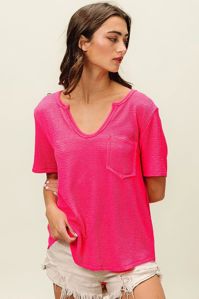 Bibi Waved Rib U Neck Top With Front Pocket
