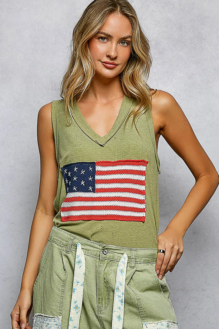 Olive Pol V Neck Ribbed Tank With American Flag Patch And Star Back Patch 3