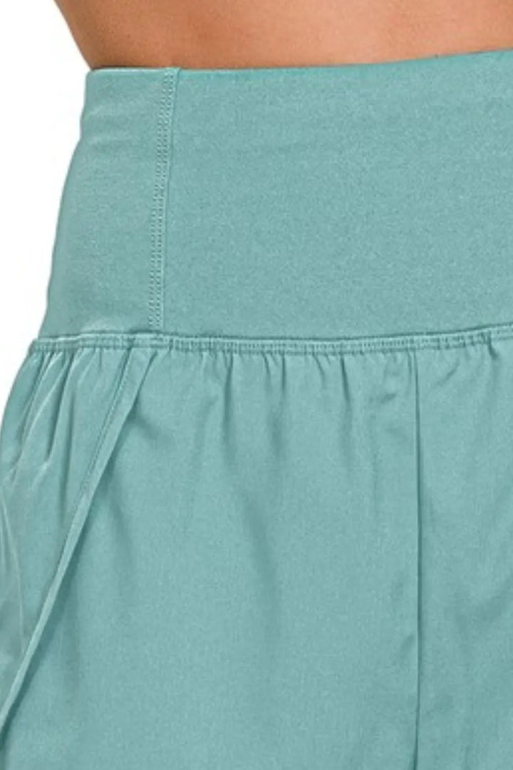 Dusty Teal Zenana High Waisted Zippered Back Pocket Running Shorts