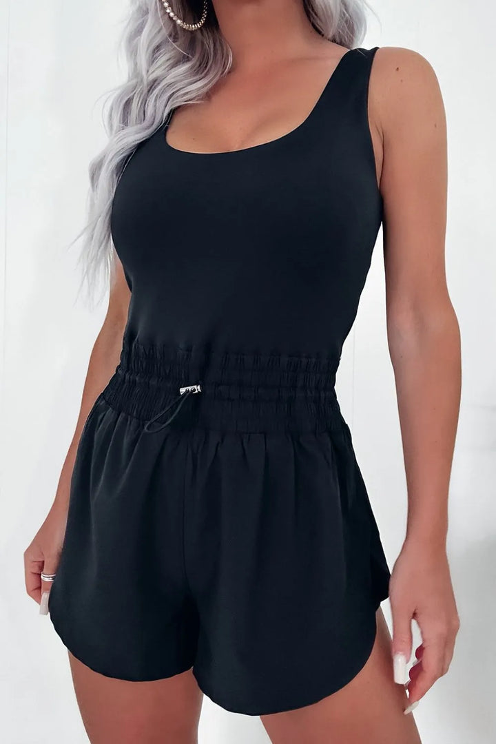 Black Drawstring Waist Scoop Neck Romper
