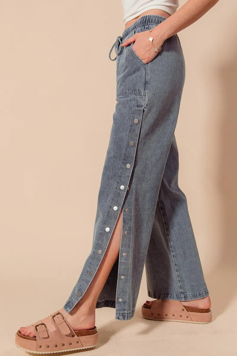Denim So Me Mid Rise Drawstring Jeans With Side Snap Button