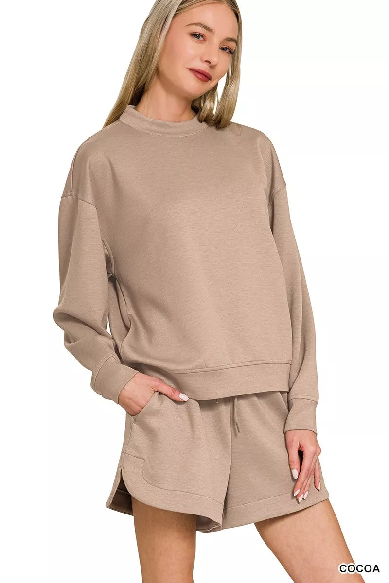 Cocoa Zenana Scuba Long Sleeve Sweatshirt And Shorts Set
