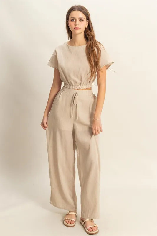 Tan Hyfve Round Neck Short Sleeve Top And Pants Set