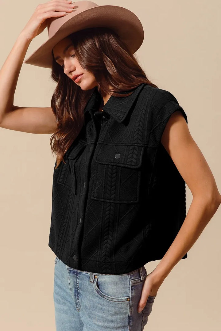 Black So Me Cable Quilting Stitch Button Up Knit Vest