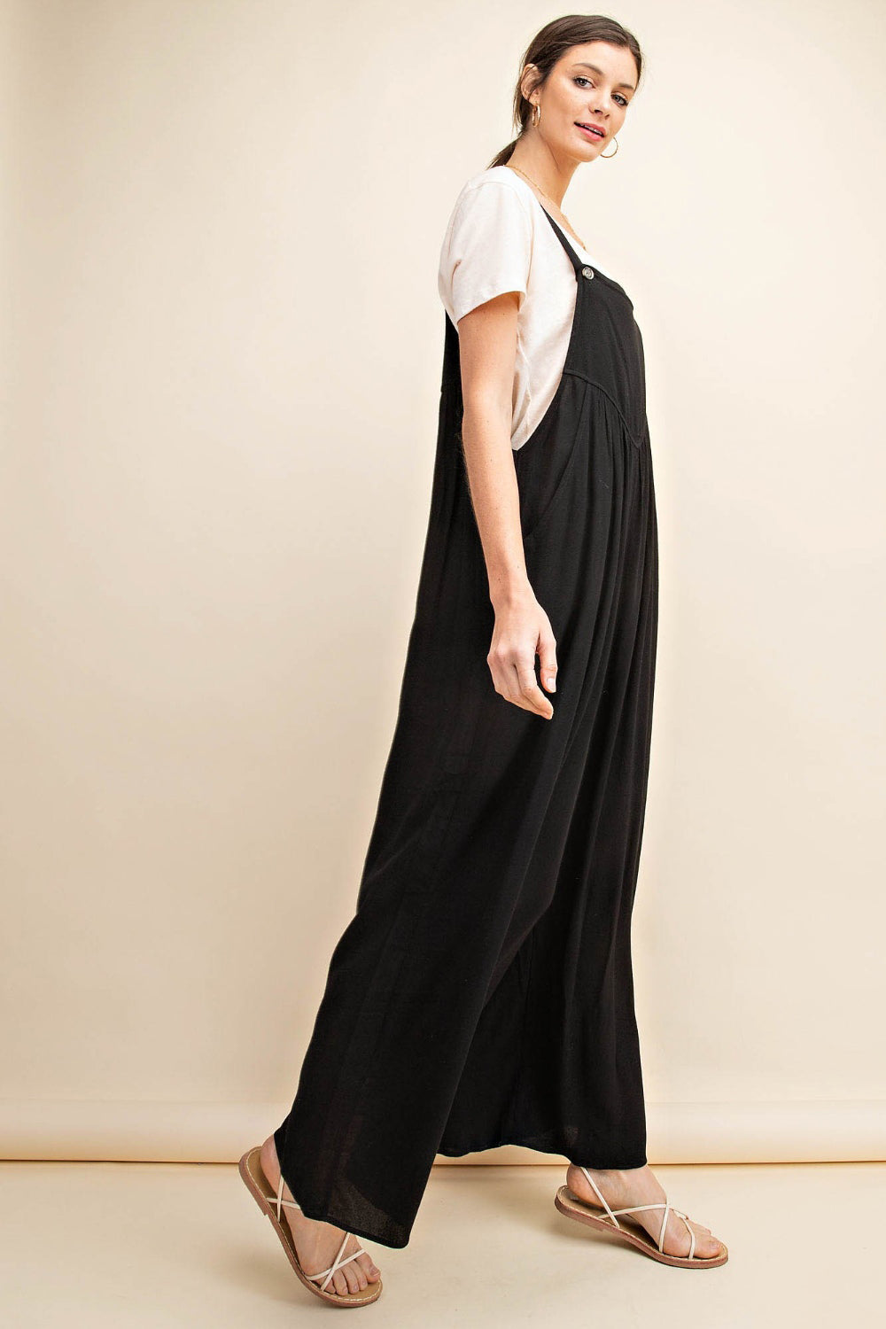 Black Kori America Full Size Sleeveless Ruched Wide Leg Overalls