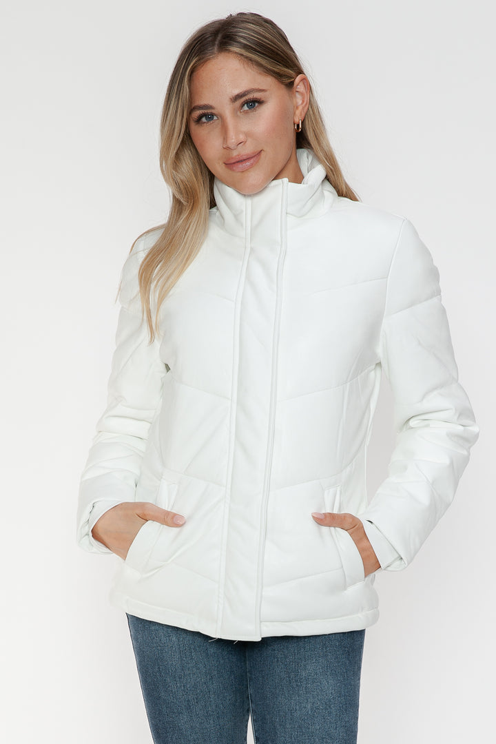 White Snobbish Pocketed Zip Up Turtleneck Puffer Jacket