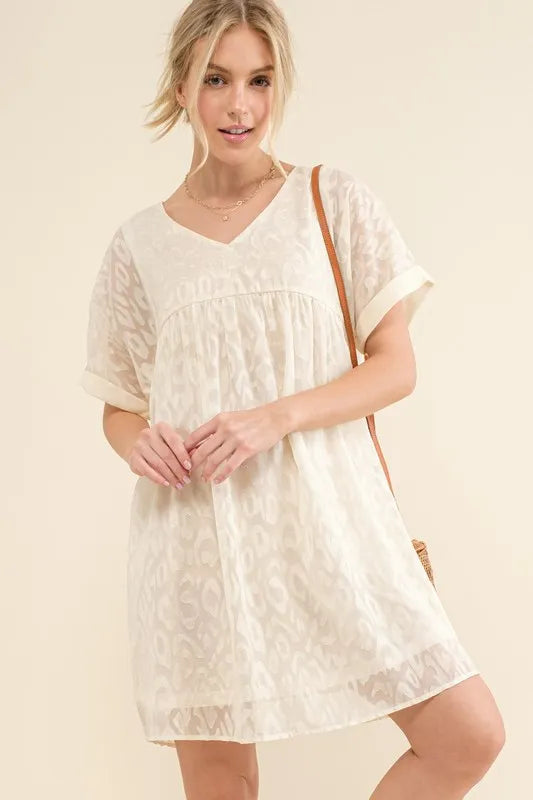 White And The Why Woven Leopard Baby Doll Roll Sleeve Casual Dress 1