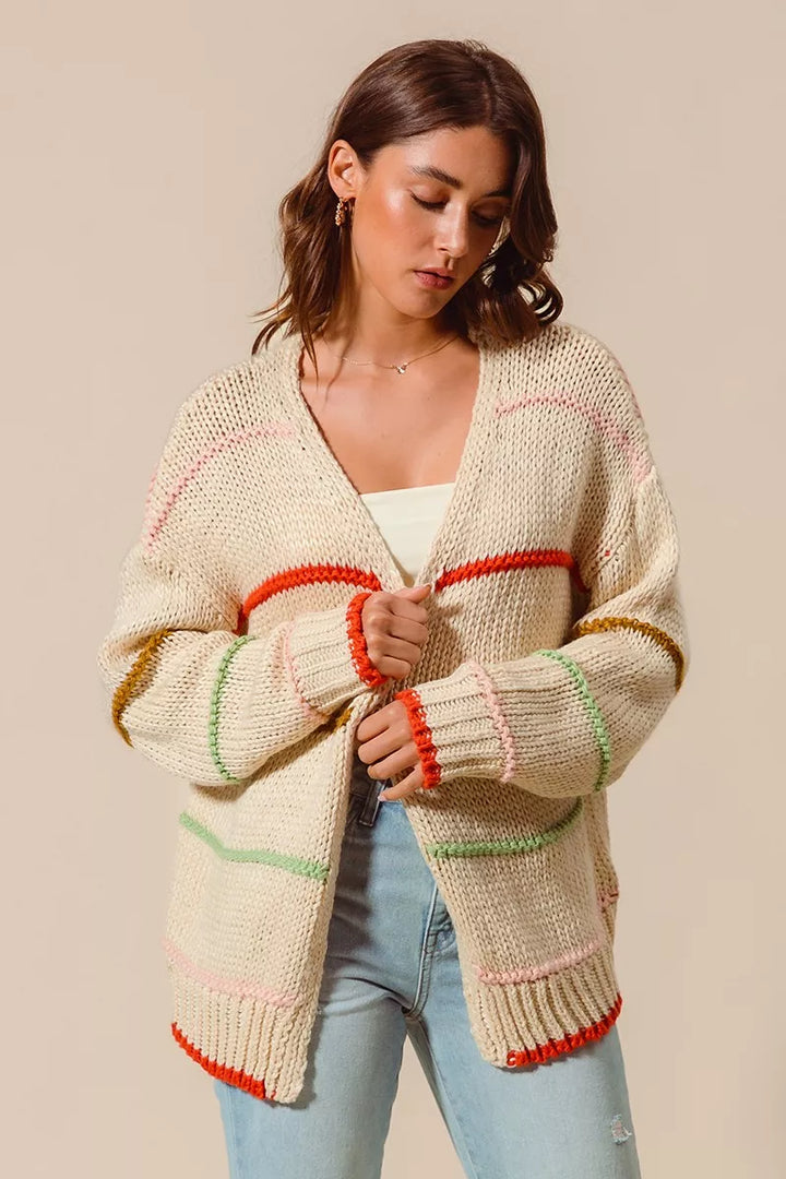 Oatmeal So Me Loose Fit Multi Stripe Open Front Cardigan