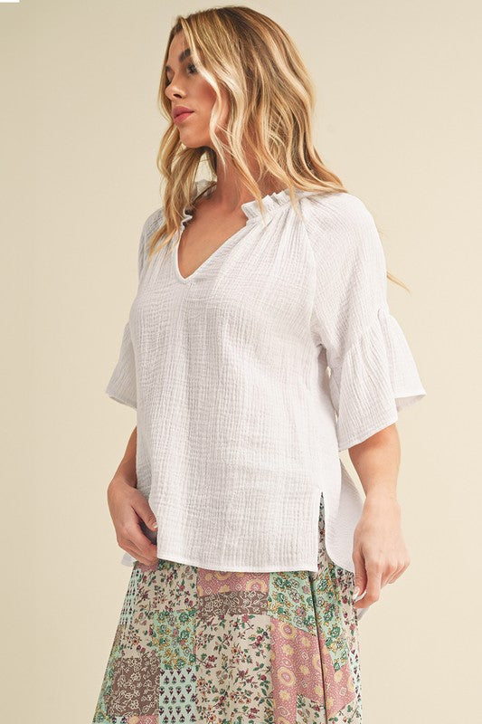Aemi Co Side Slit Notched Ruffled Half Sleeve Blouse 1