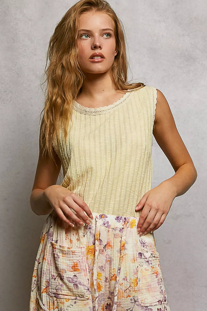 Pol Ribbed Round Neck Tank With Lace Trim 1