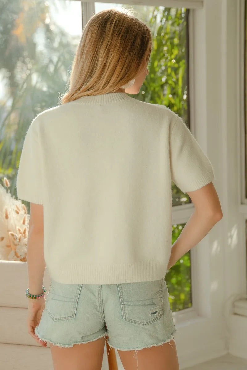 Bibi Teddy Bear With Bow Patched Sweater Button Down Top