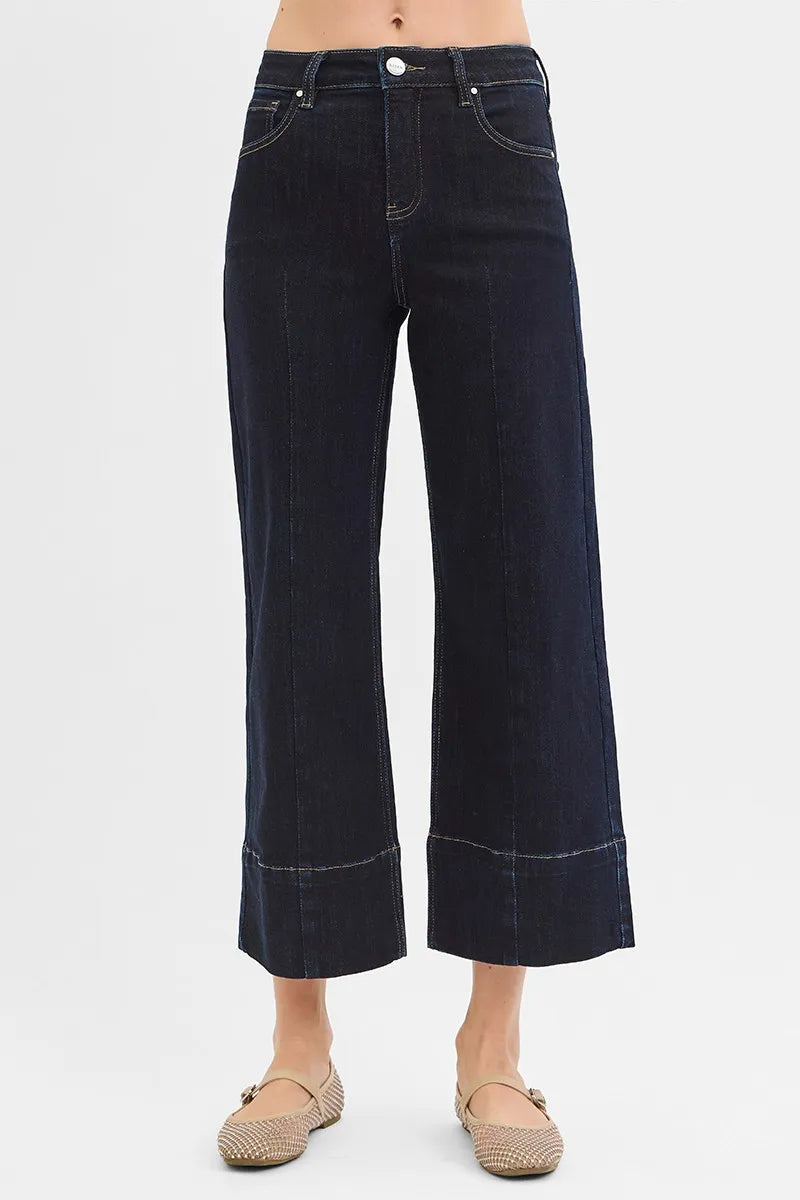 Solid Dark Risen Tummy Control High Rise Crop Wide Seam Detailed Jeans
