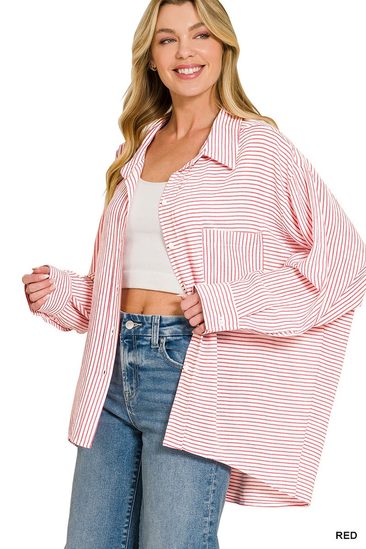Zenana Woven Stripe Button Down Shirt 2