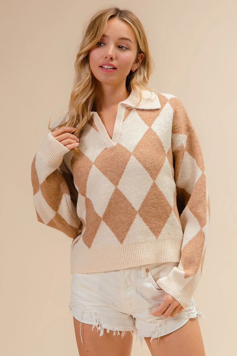 Oatmeal/Latte Bibi Diamond Pattern Collared Notch Neck Sweater