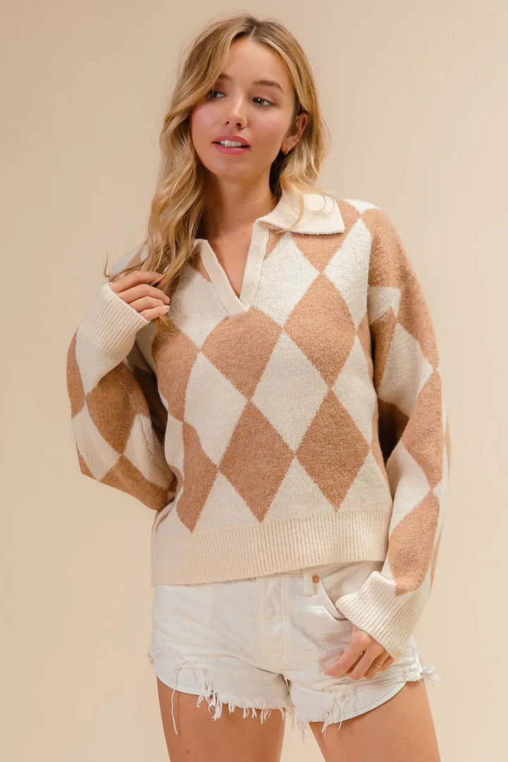Oatmeal/Latte Bibi Diamond Pattern Collared Notch Neck Sweater