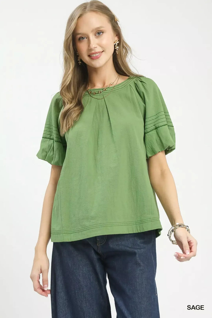 Sage Umgee Round Neck Puff Sleeve Top With Contrast Stitch Detail 1