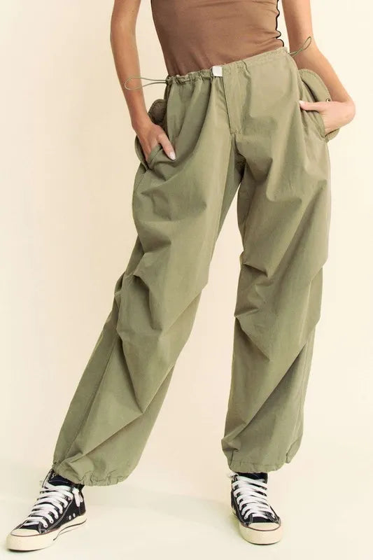 Olive Green Davi Dani Drawstring Baggy Pants With Pockets