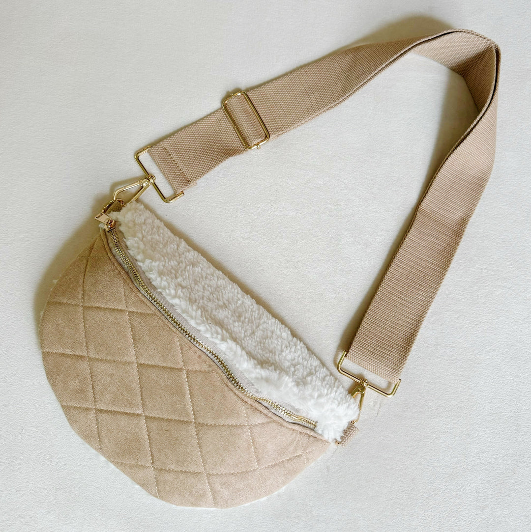 Taupe Fuzzy And Quilted Luxe Sling Bag