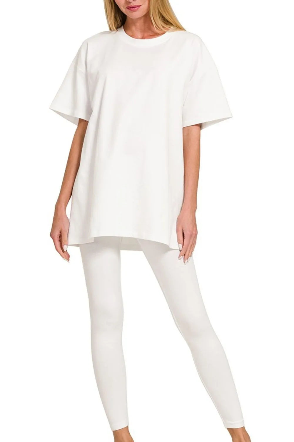 White Zenana Cotton Round Neck Top Legging Set 6