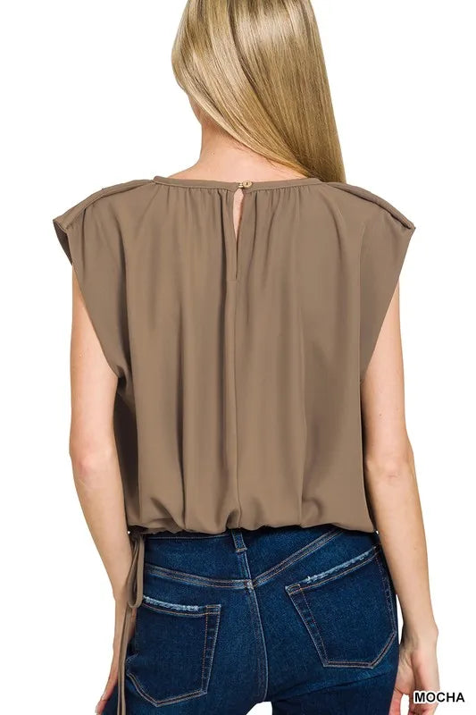 Mocha Zenana Woven Drawstring Tie Side Sleeveless Top 1