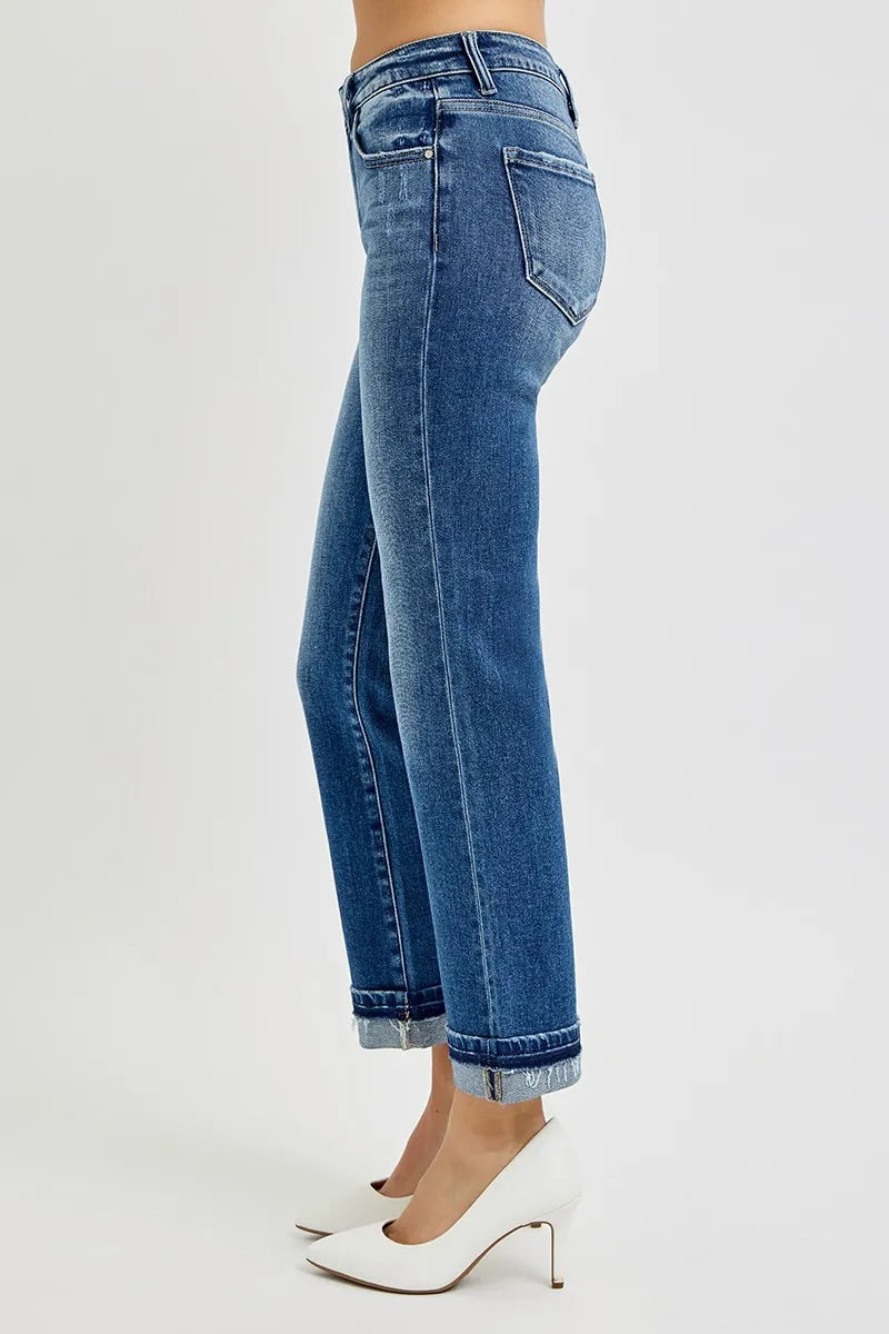 Dark Risen Mid Rise Ankle Straight Cuffed Jeans