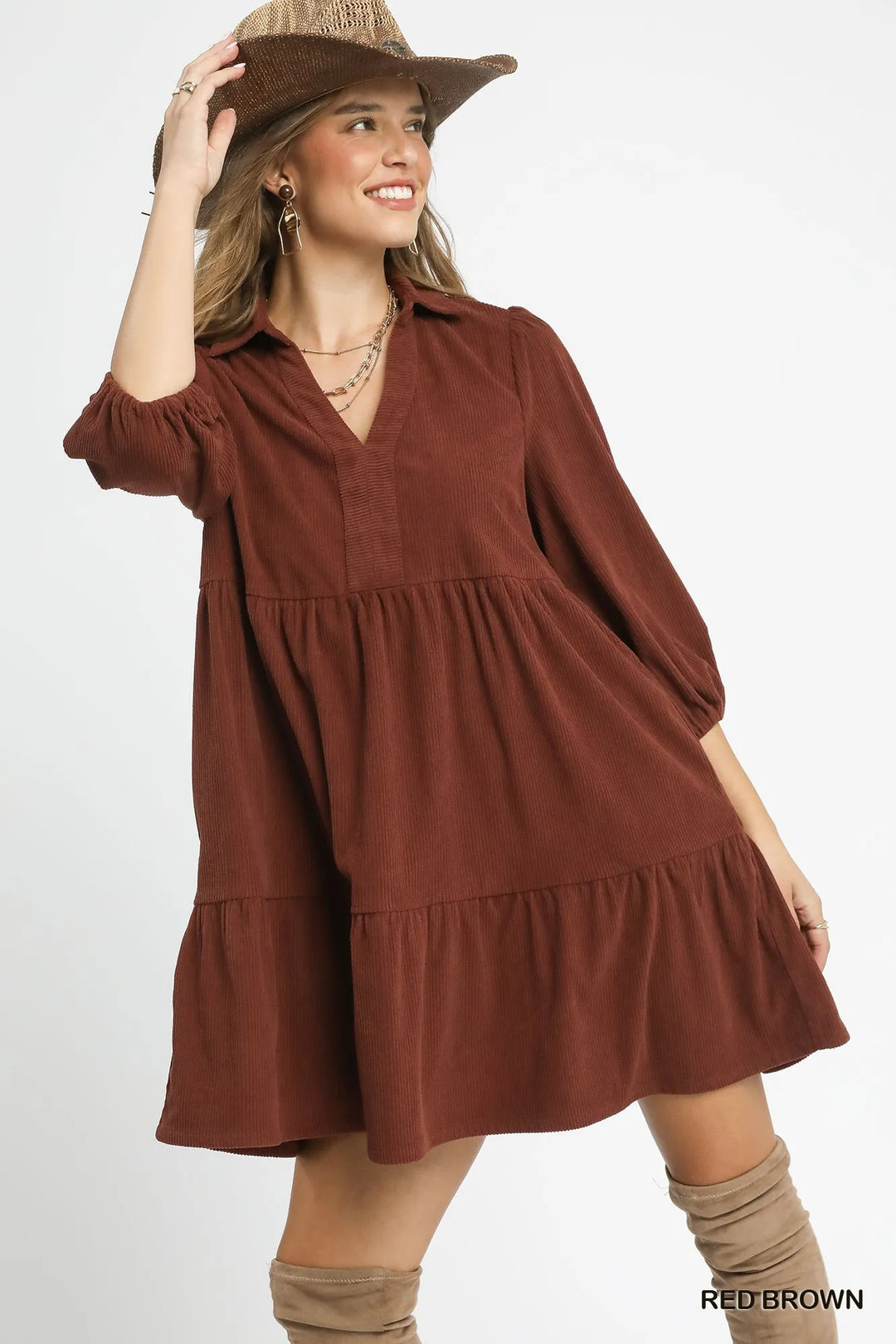 Red Brown Umgee Tiered Corduroy Mini Dress With Balloon Sleeves