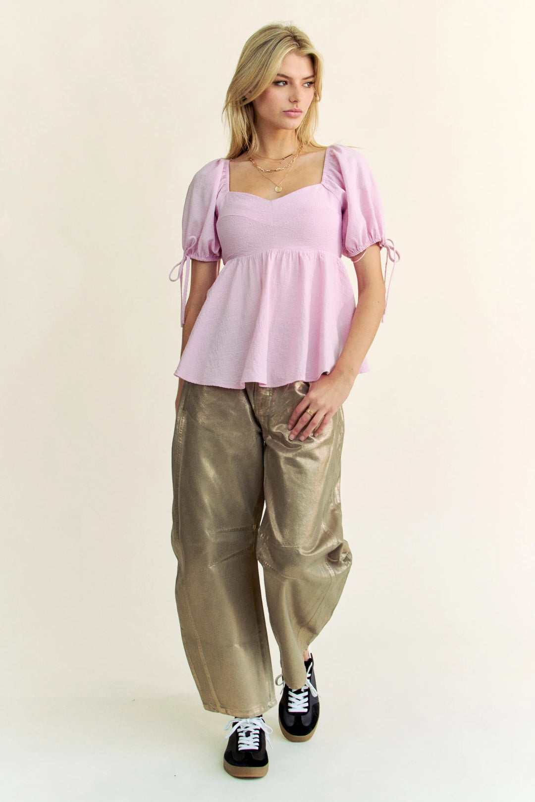 Davi Dani Solid Elastic Peplum Puffed Sleeves Blouse